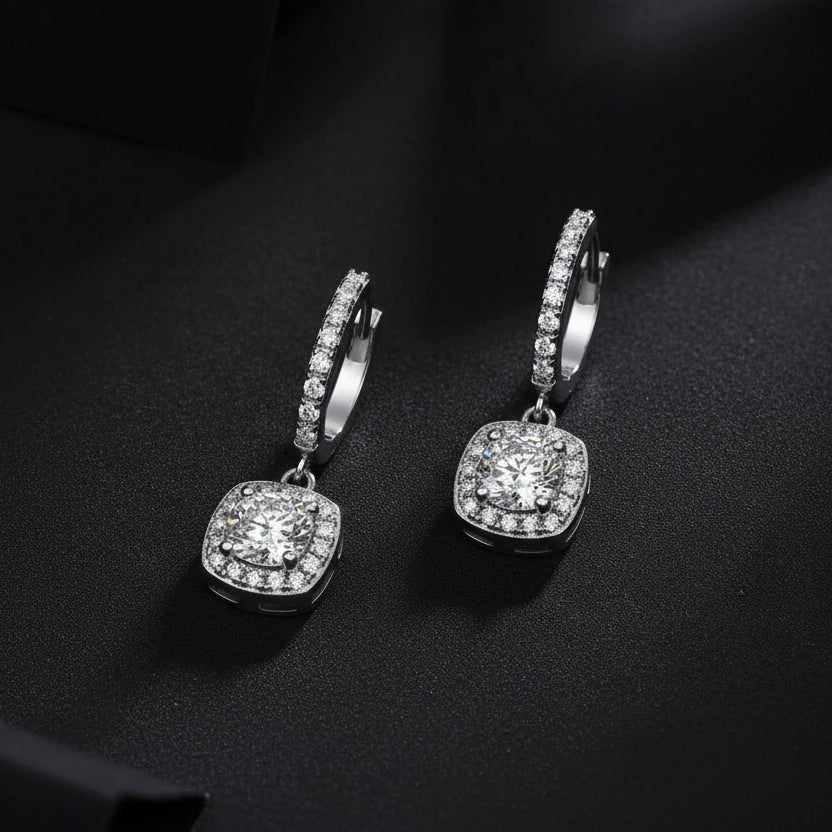 0.5ct Moissanite Halo Drop Earrings S925 Platinum Plated "Dream Search" | Perlizia-Perlizia