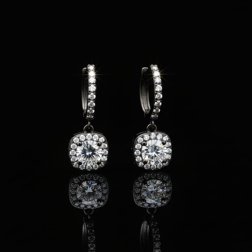 0.5ct Moissanite Halo Drop Earrings S925 Platinum Plated "Dream Search" | Perlizia-Perlizia