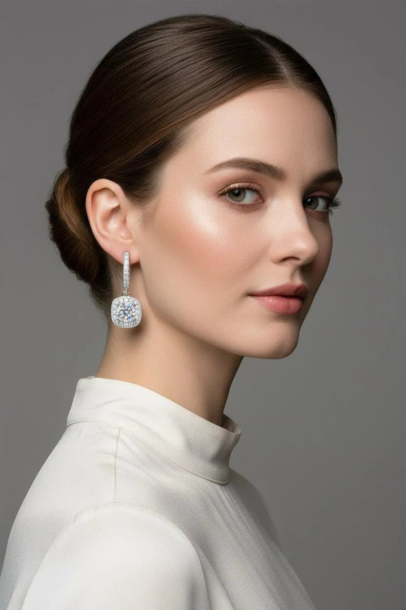 0.5ct Moissanite Halo Drop Earrings S925 Platinum Plated "Dream Search" | Perlizia-Perlizia