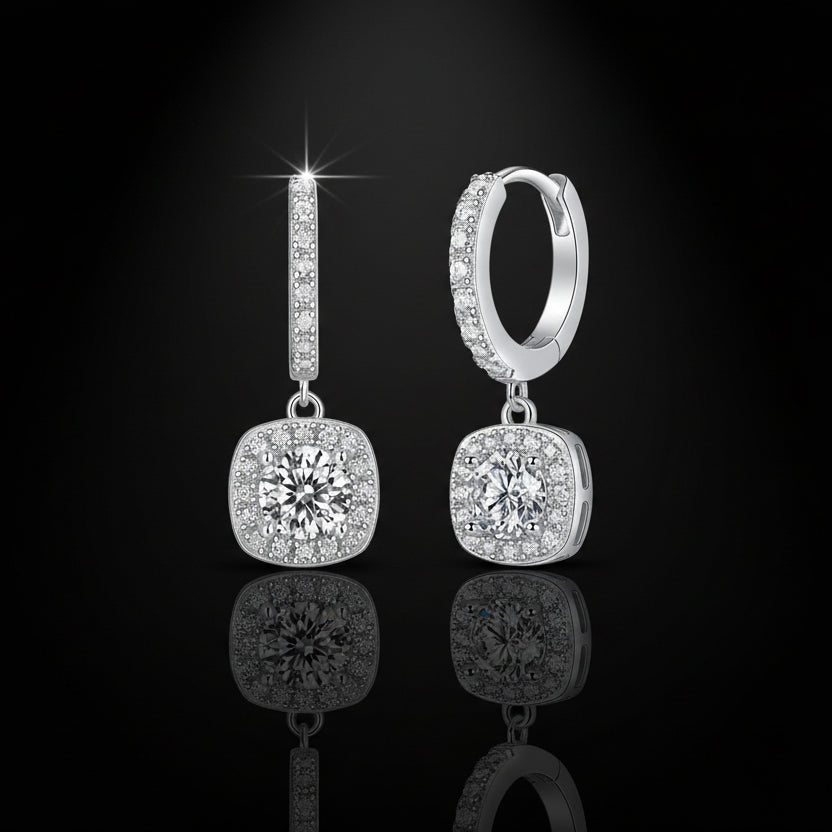 0.5ct Moissanite Halo Drop Earrings S925 Platinum Plated "Dream Search" | Perlizia-Perlizia