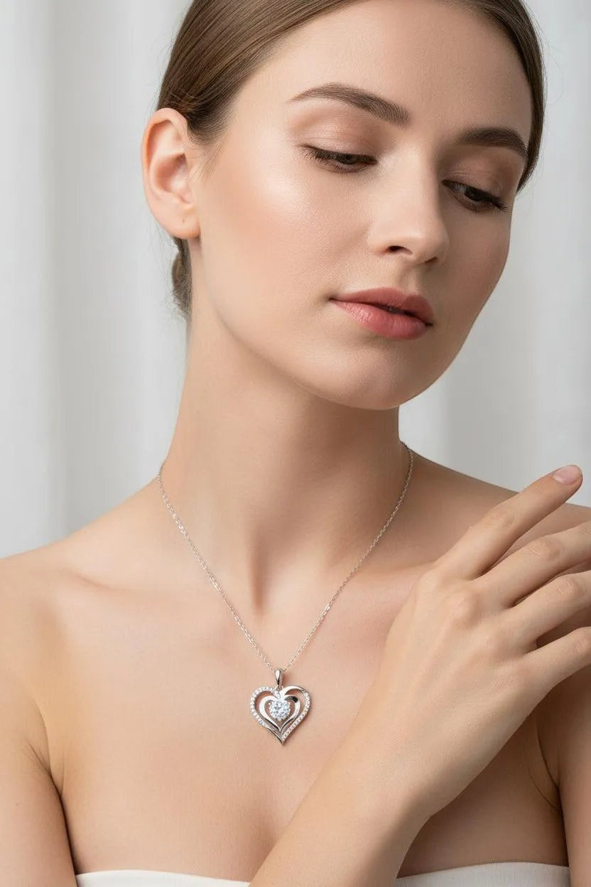 1ct Moissanite Heart Pendant Necklace S925 Platinum Plated "Telepathy" | Perlizia-Perlizia