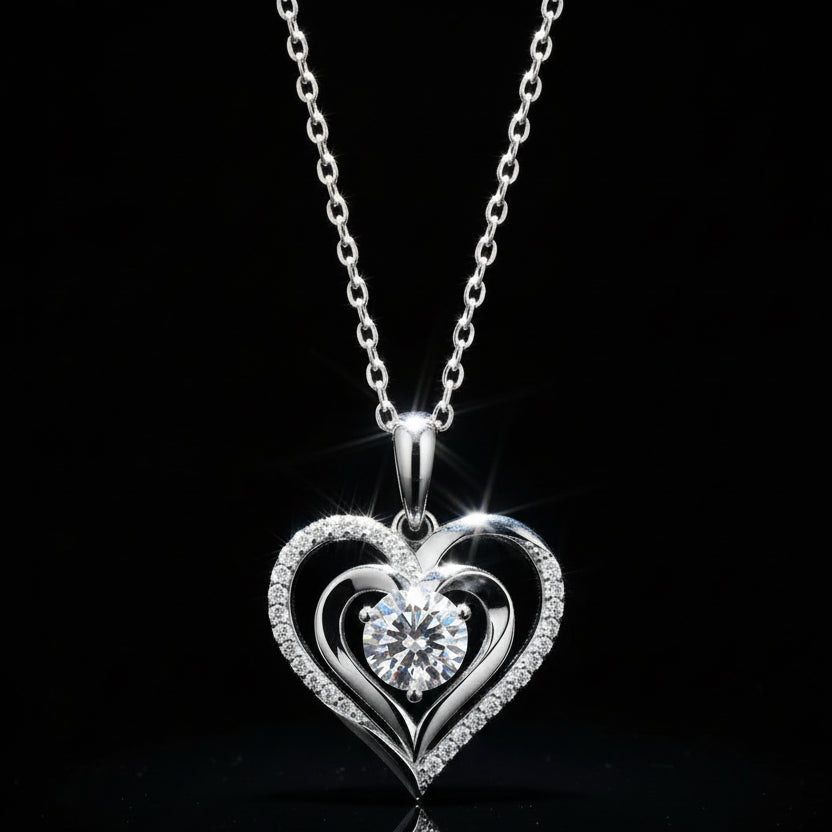 1ct Moissanite Heart Pendant Necklace S925 Platinum Plated "Telepathy" | Perlizia-Perlizia
