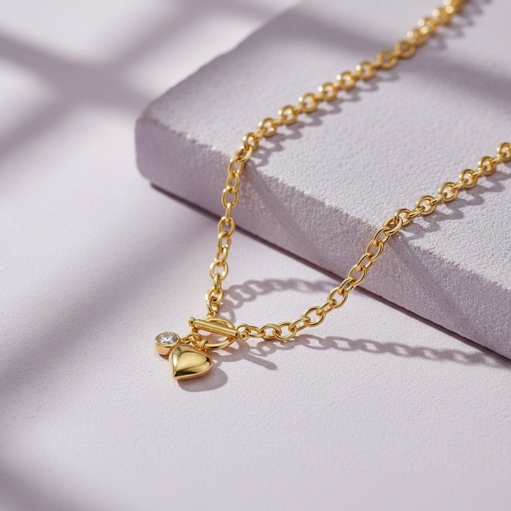 1ct Moissanite Heart Toggle Necklace S925 Gold Plated "Meteor Wish" | Perlizia-Jewelry-Perlizia