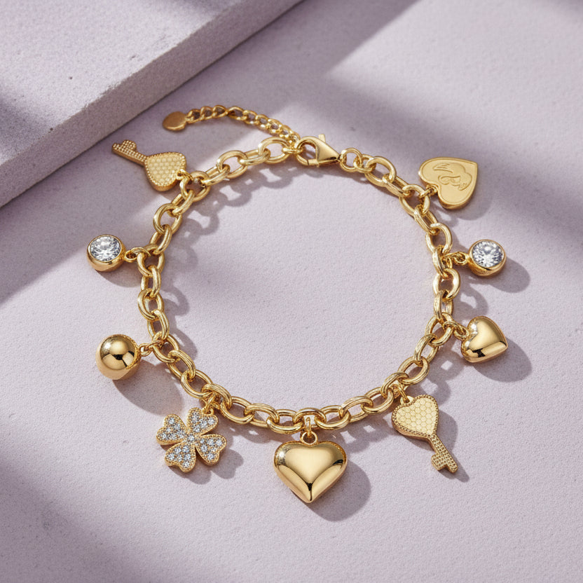 1ct Moissanite Multi-Charm Bracelet 18K Gold Plated S925 "Infinite Love" | Perlizia-Perlizia