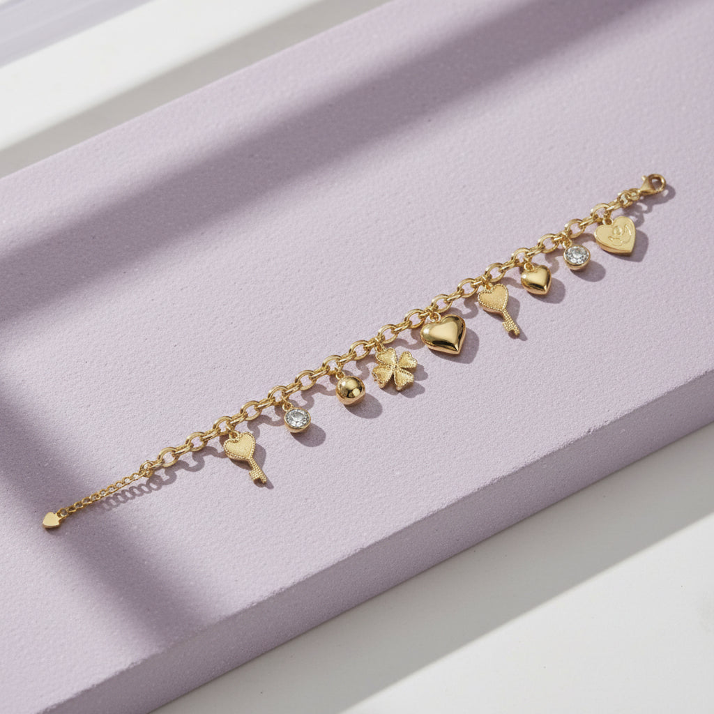 1ct Moissanite Multi-Charm Bracelet 18K Gold Plated S925 "Infinite Love" | Perlizia-Perlizia