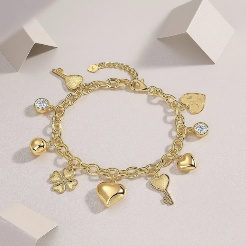 1ct Moissanite Multi-Charm Bracelet 18K Gold Plated S925 "Infinite Love" | Perlizia-Perlizia