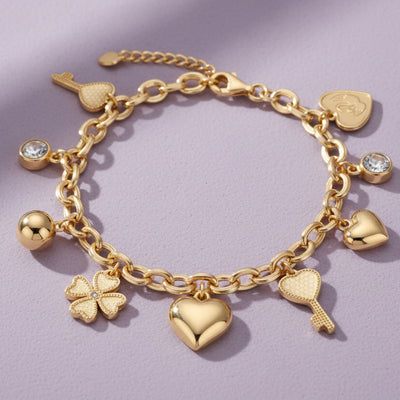 1ct Moissanite Multi-Charm Bracelet 18K Gold Plated S925 "Infinite Love" | Perlizia-Perlizia