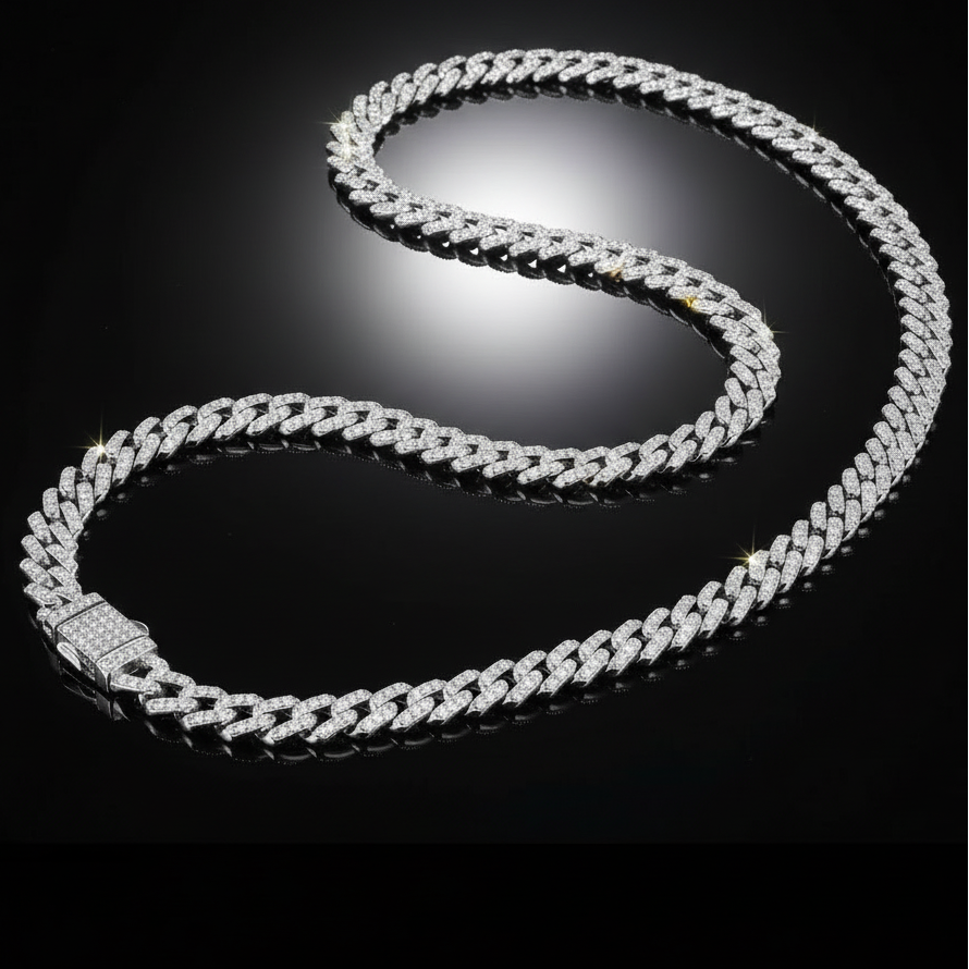 "Mayfly Mercury" 15.0ct TCW Iced-Out Moissanite Cuban Link Chain | 60cm (24") | S925 Platinum Plated | Perlizia