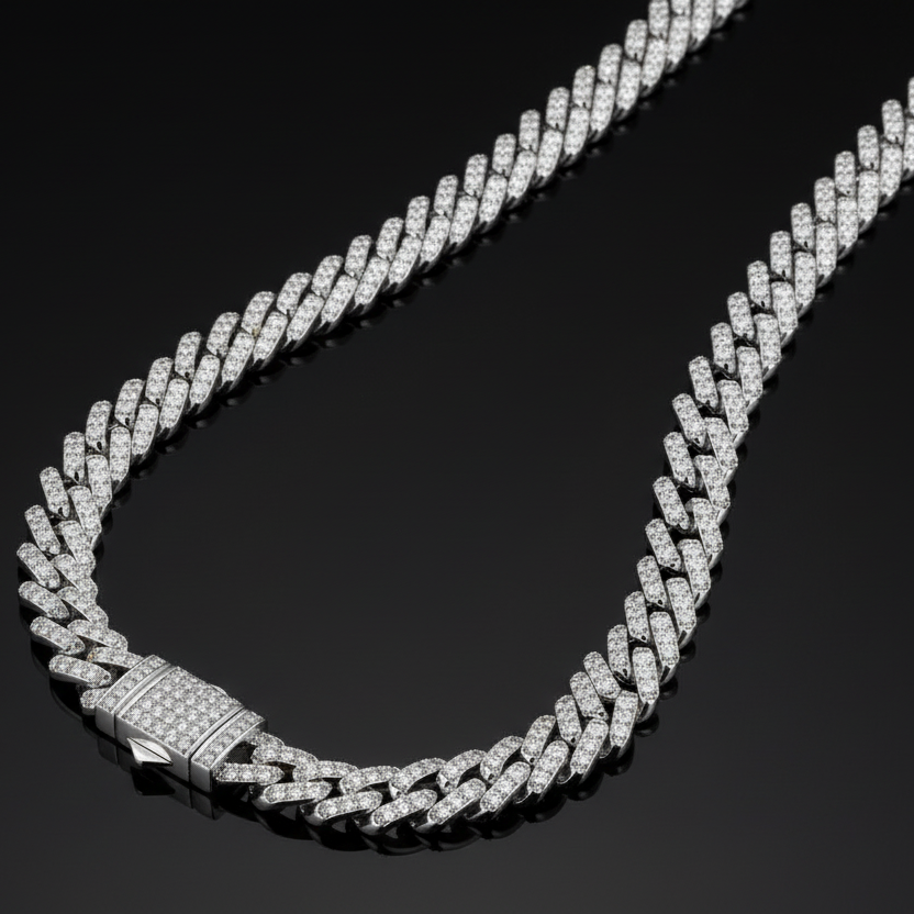 "Mayfly Mercury" 15.0ct TCW Iced-Out Moissanite Cuban Link Chain | 60cm (24") | S925 Platinum Plated | Perlizia