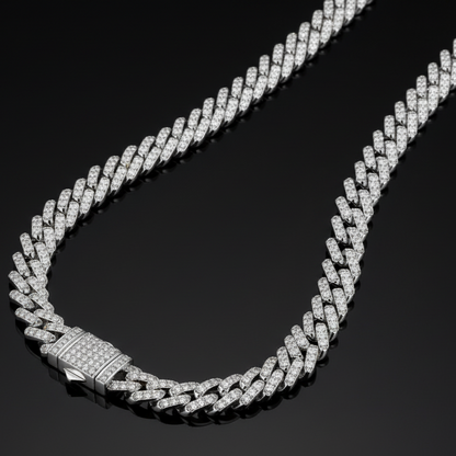 "Mayfly Mercury" 15.0ct TCW Iced-Out Moissanite Cuban Link Chain | 60cm (24") | S925 Platinum Plated | Perlizia