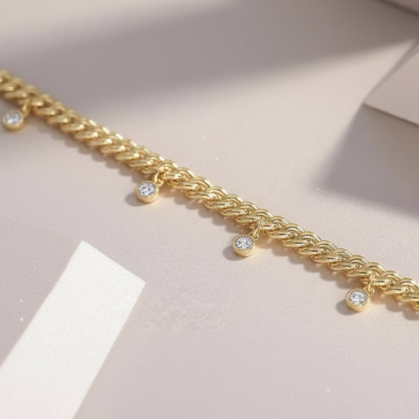 Moissanite Bezel Charm Cuban Link Bracelet S925 Gold Plated "Golden Cascade" | Perlizia-Jewelry-Perlizia