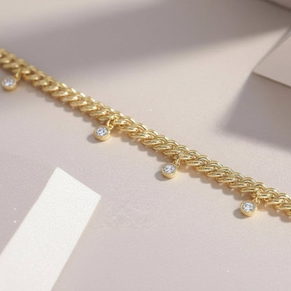 Moissanite Bezel Charm Cuban Link Bracelet S925 Gold Plated "Golden Cascade" | Perlizia-Jewelry-Perlizia