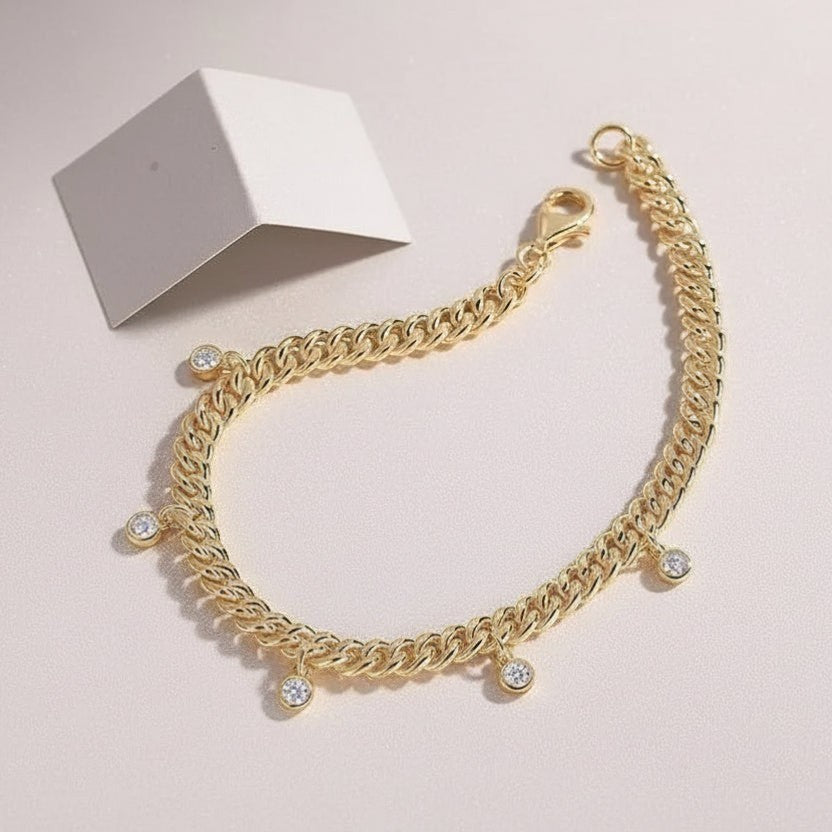 Moissanite Bezel Charm Cuban Link Bracelet S925 Gold Plated "Golden Cascade" | Perlizia-Jewelry-Perlizia