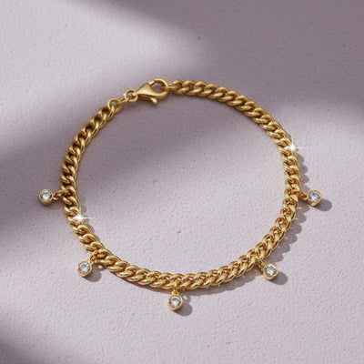 Moissanite Bezel Charm Cuban Link Bracelet S925 Gold Plated "Golden Cascade" | Perlizia