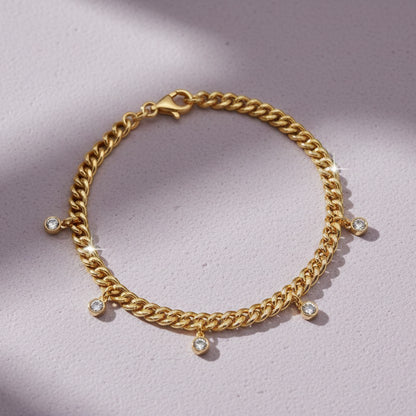 Moissanite Bezel Charm Cuban Link Bracelet S925 Gold Plated "Golden Cascade" | Perlizia