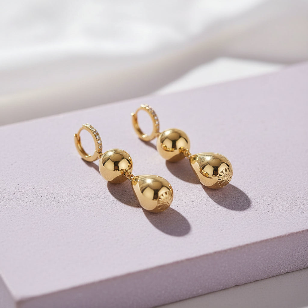 Moissanite Gourd Dangle Hoop Earrings 18K Gold Plated S925 "Golden Gourd" | Perlizia-Perlizia
