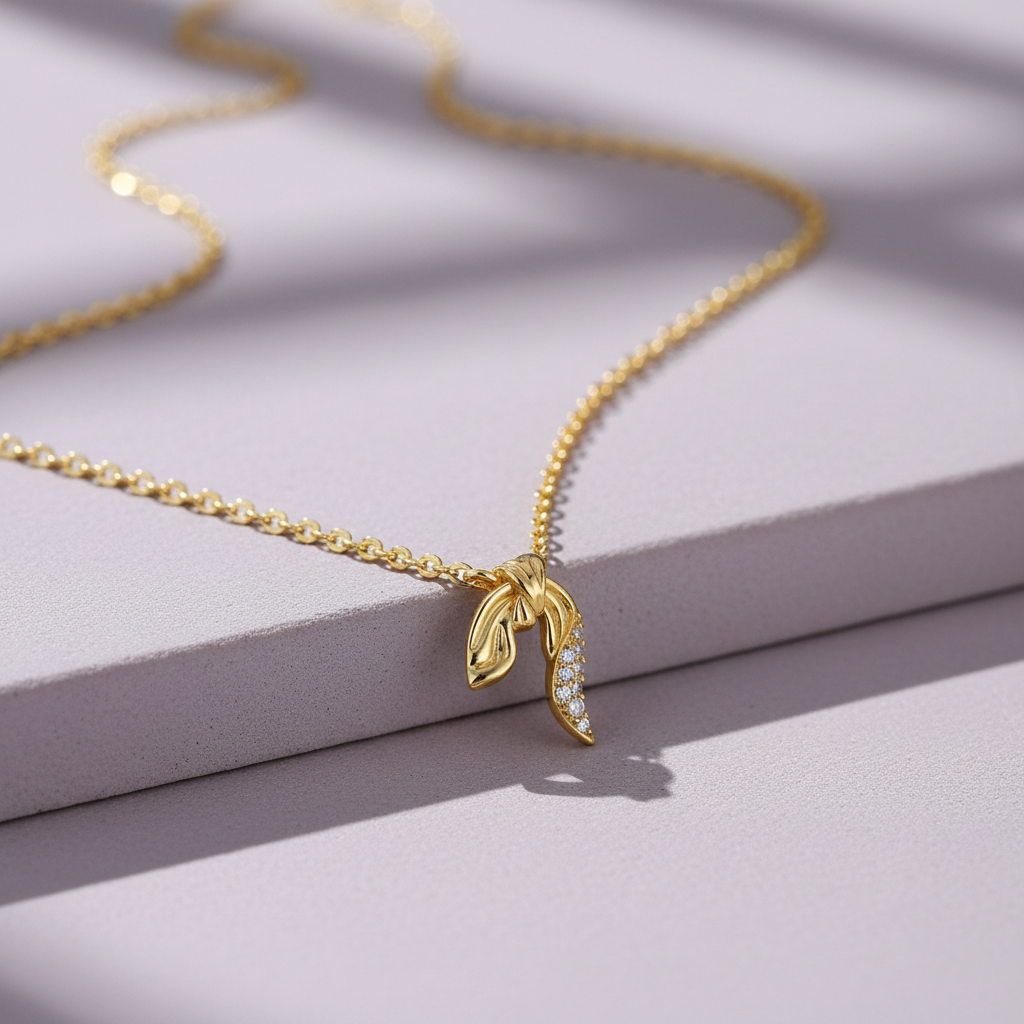 Moissanite Ribbon Knot Pendant Necklace S925 Gold Plated "Silk Radiance" | Perlizia