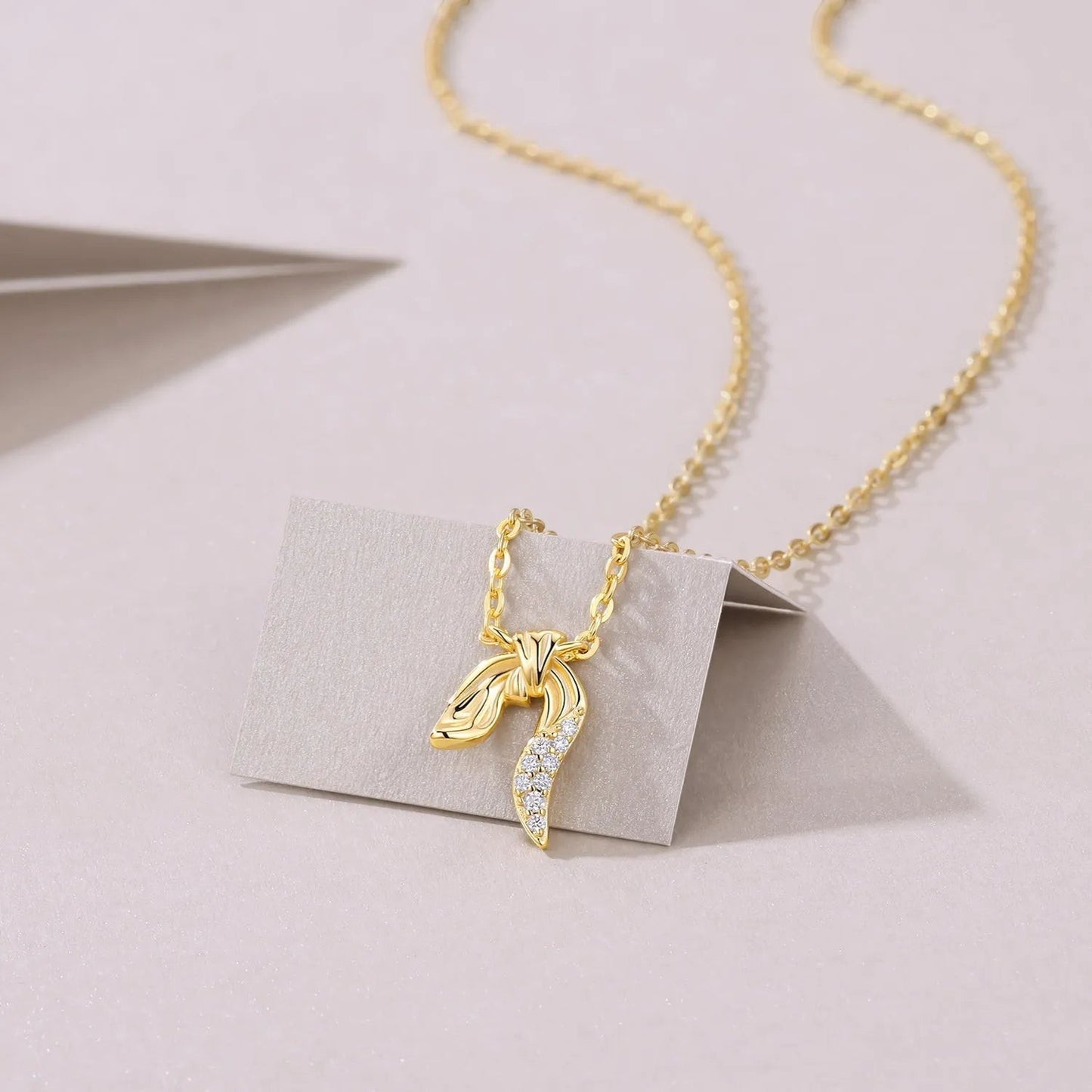 Moissanite Ribbon Knot Pendant Necklace S925 Gold Plated "Silk Radiance" | Perlizia-Jewelry-Perlizia