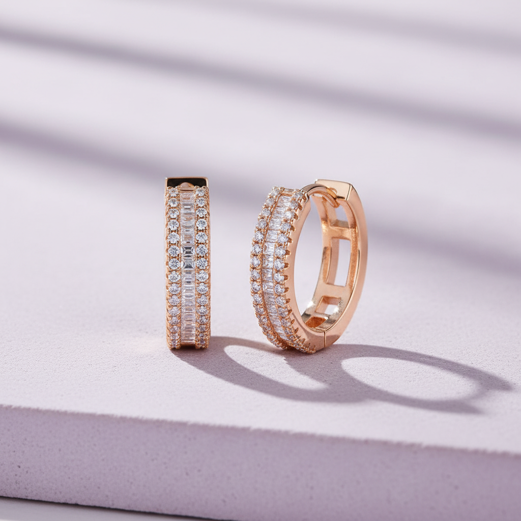 Triple-Row Moissanite Huggie Hoops S925 Platinum Plated "Weaving Light" | Perlizia