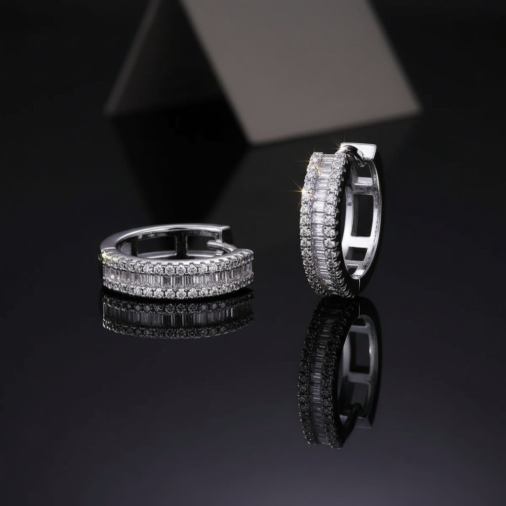 Triple-Row Moissanite Huggie Hoops S925 Platinum Plated "Weaving Light" | Perlizia-Perlizia