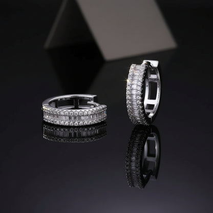 Triple-Row Moissanite Huggie Hoops S925 Platinum Plated "Weaving Light" | Perlizia-Perlizia