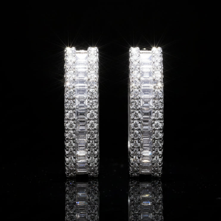 Triple-Row Moissanite Huggie Hoops S925 Platinum Plated "Weaving Light" | Perlizia-Perlizia