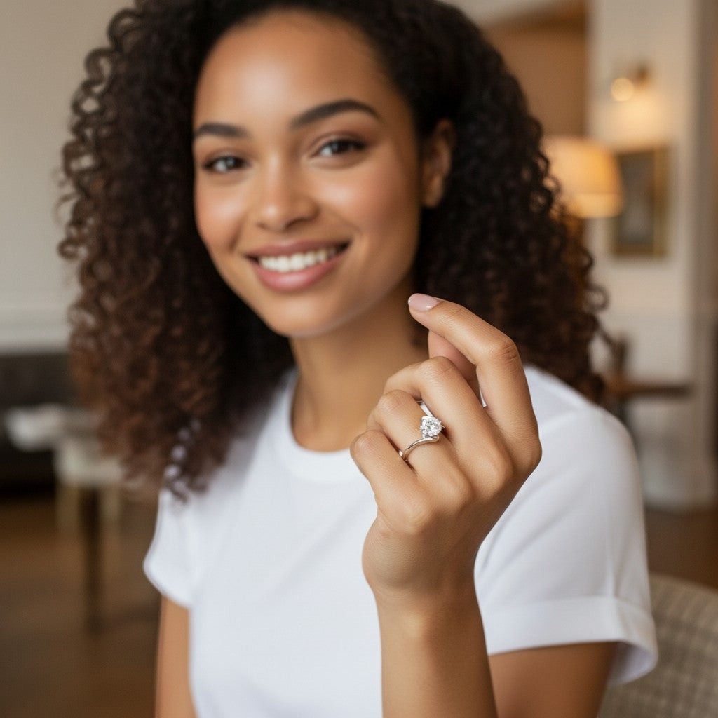 Perlizia 1ct Moissanite bypass engagement ring in platinum-plated S925 sterling silver with a round-cut center stone.