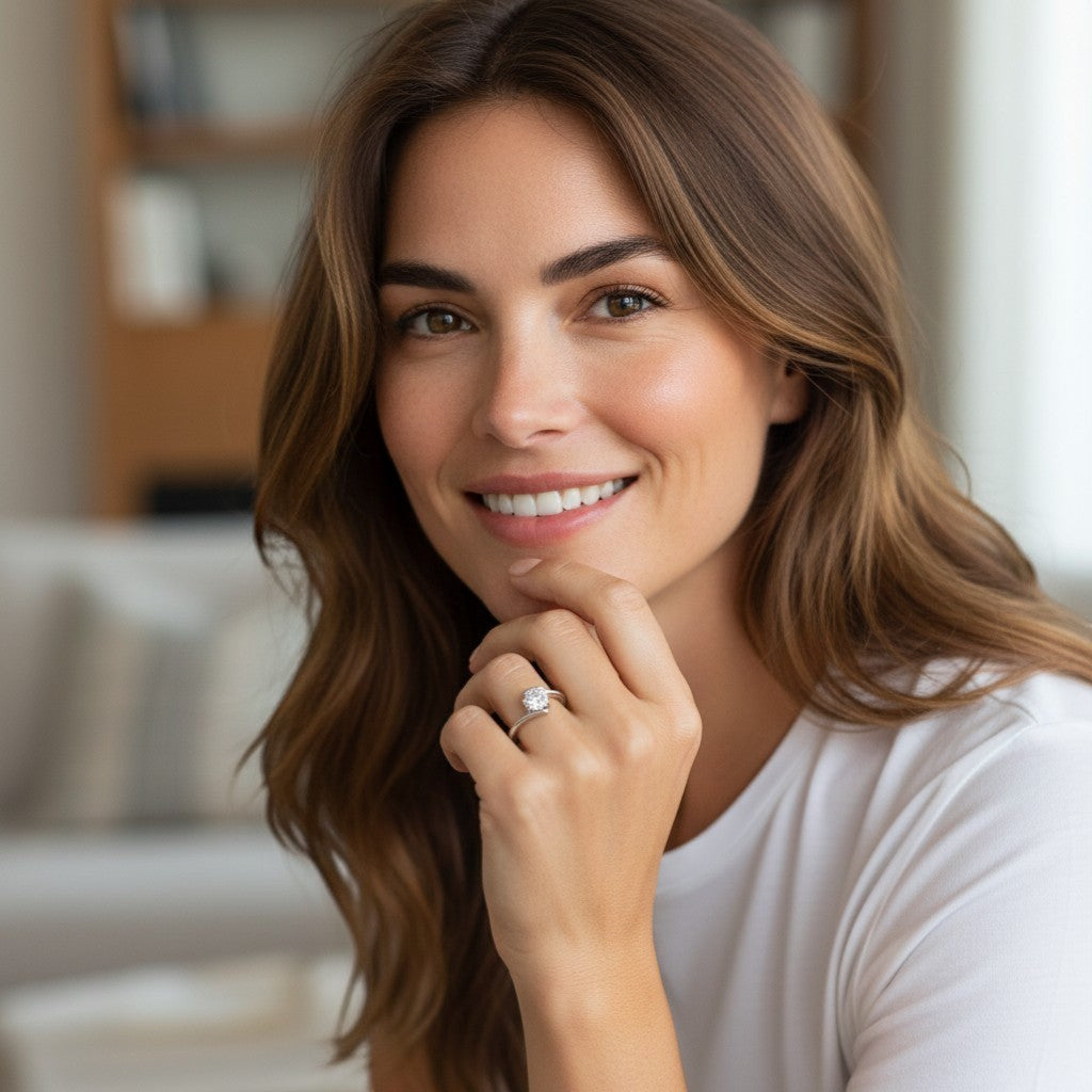 Perlizia 1ct Moissanite bypass engagement ring in platinum-plated S925 sterling silver, round-cut stone.