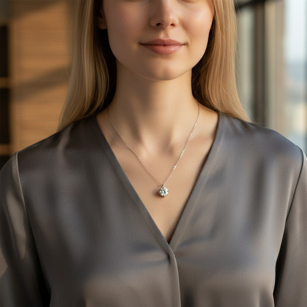 Perlizia 2ct round moissanite solitaire pendant necklace in platinum-plated sterling silver with a four-prong setting.