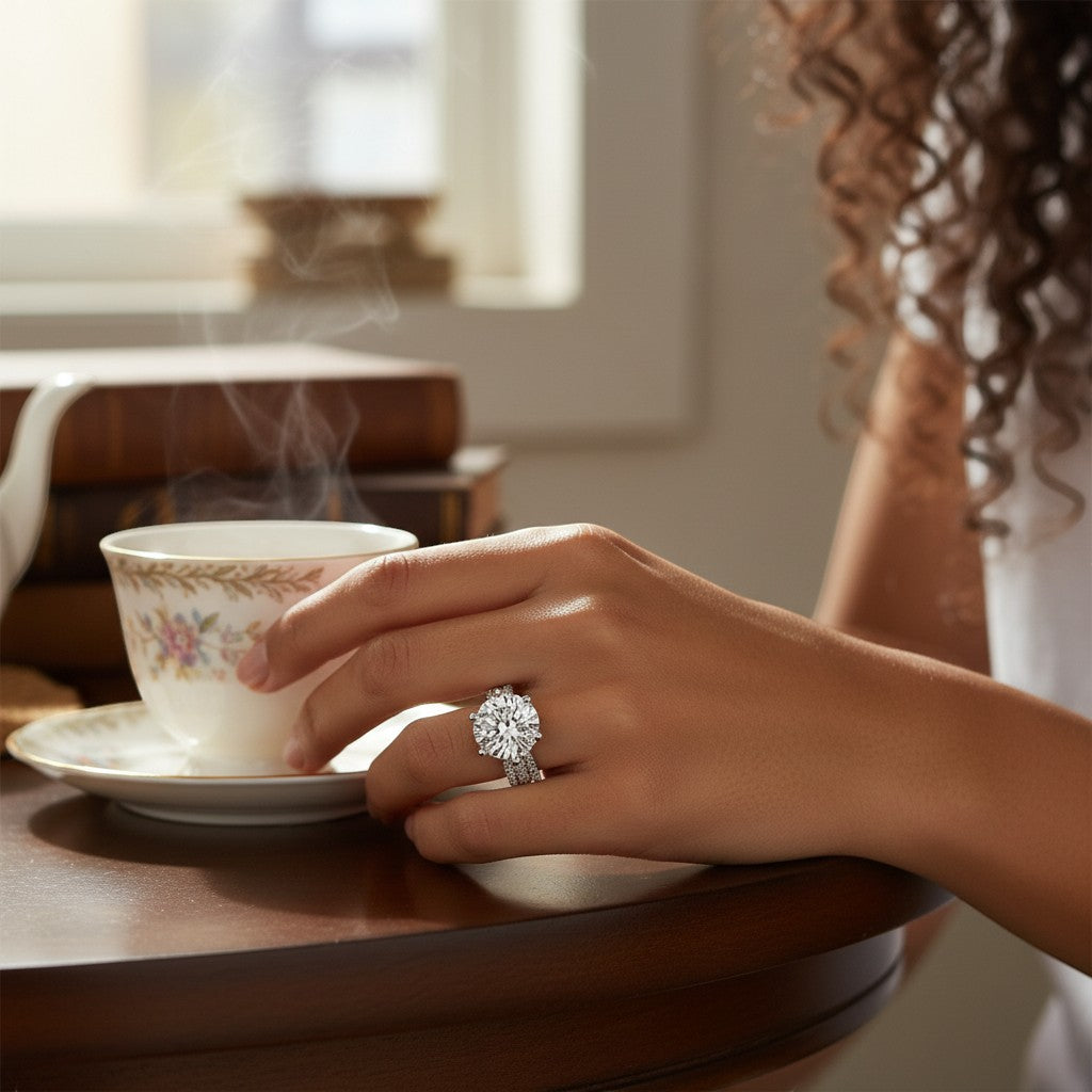 Perlizia 5-carat round-cut moissanite ring with platinum-plated S925 silver triple-row pavé band.