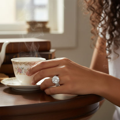 Perlizia 5-carat round-cut moissanite ring with platinum-plated S925 silver triple-row pavé band.