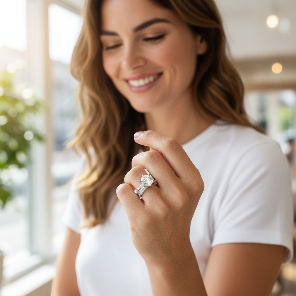 Perlizia 5-carat round-cut moissanite ring with platinum-plated S925 silver and triple-row pavé band.