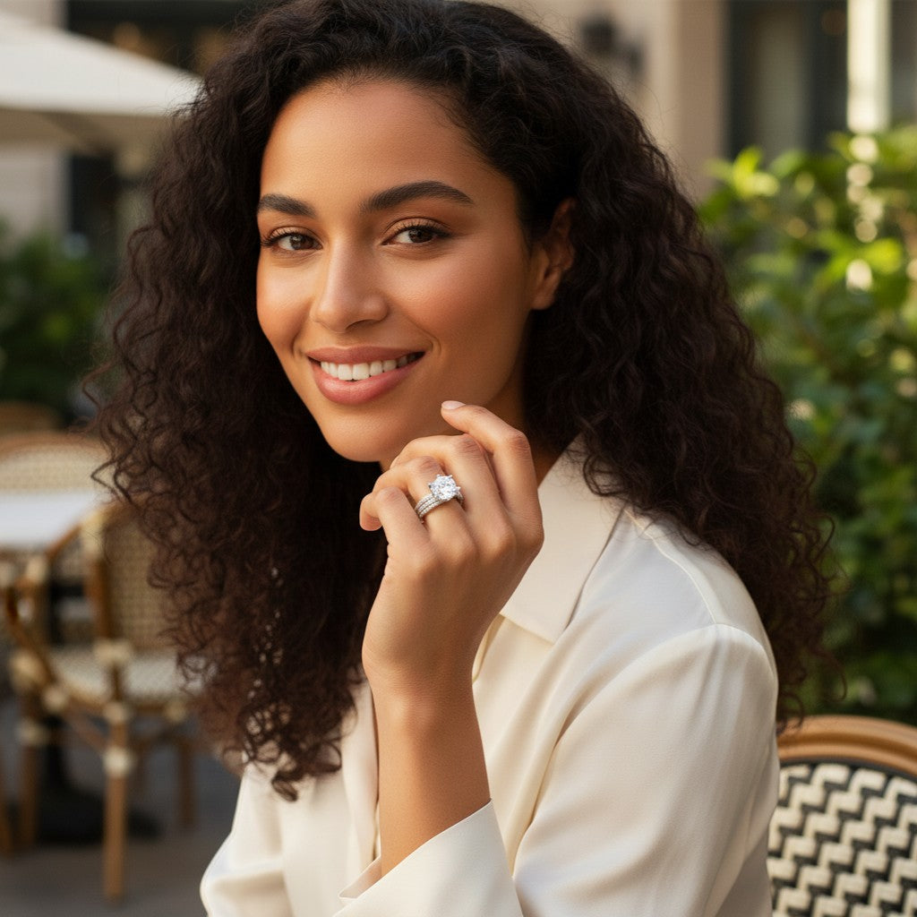 Perlizia 5-carat round moissanite ring with platinum-plated S925 silver triple-row pavé band. Classic six-prong setting.