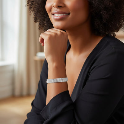 Perlizia four-row moissanite tennis bracelet, platinum-plated S925 sterling silver, 19cm length, 26.6g weight, secure clasp.