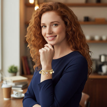 Perlizia 18K gold plated S925 sterling silver charm bracelet with moissanite, hearts, keys, and clover.