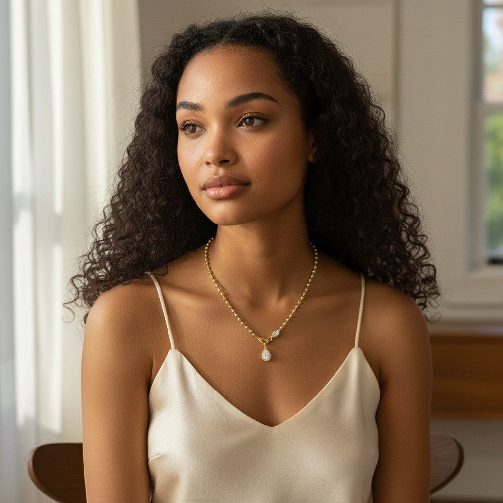 Perlizia gold-plated S925 sterling silver necklace with a pear-cut moissanite pendant and beaded ball chain.