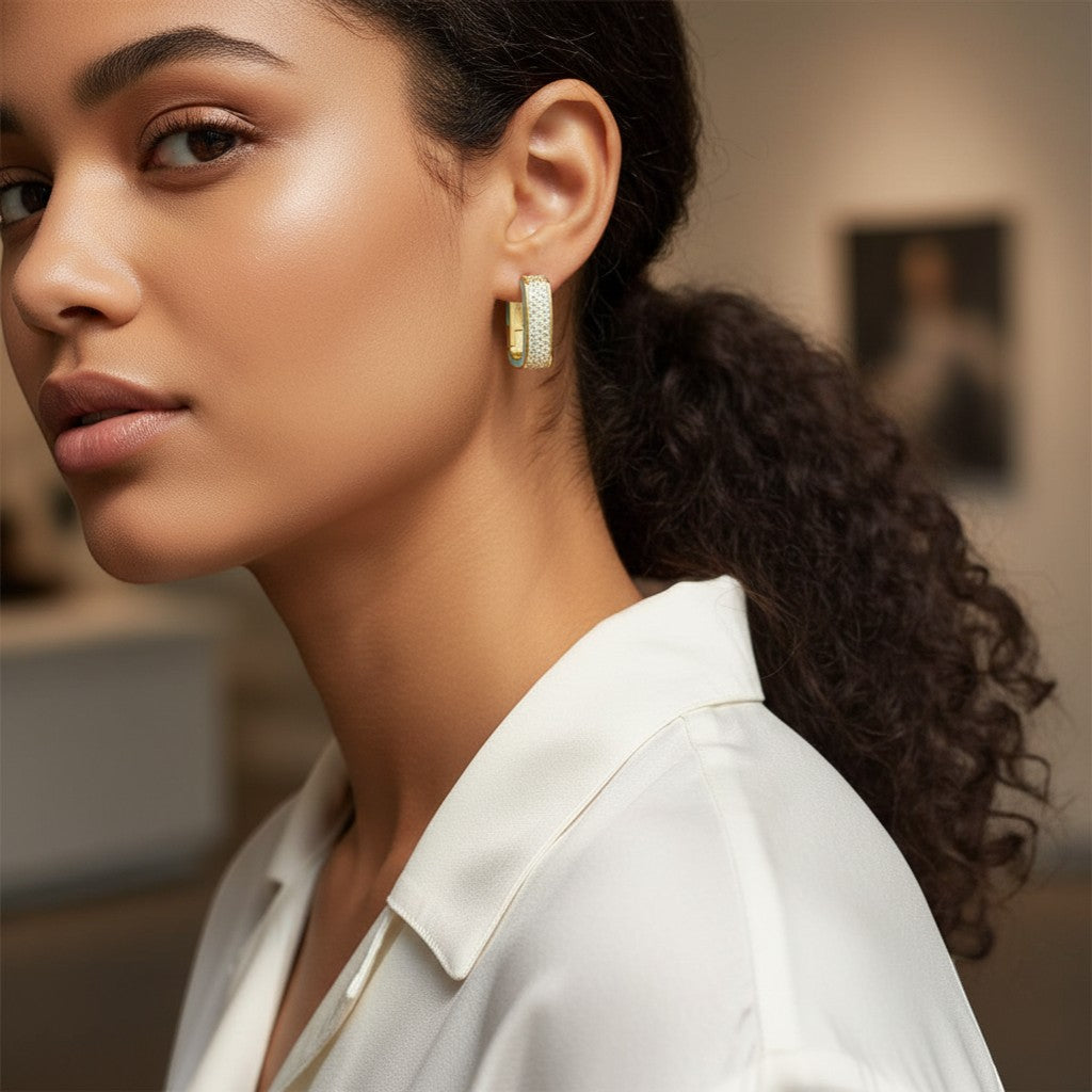 Perlizia gold-plated S925 sterling silver rectangular hoop earrings with turquoise enamel inlay and pavé moissanite.