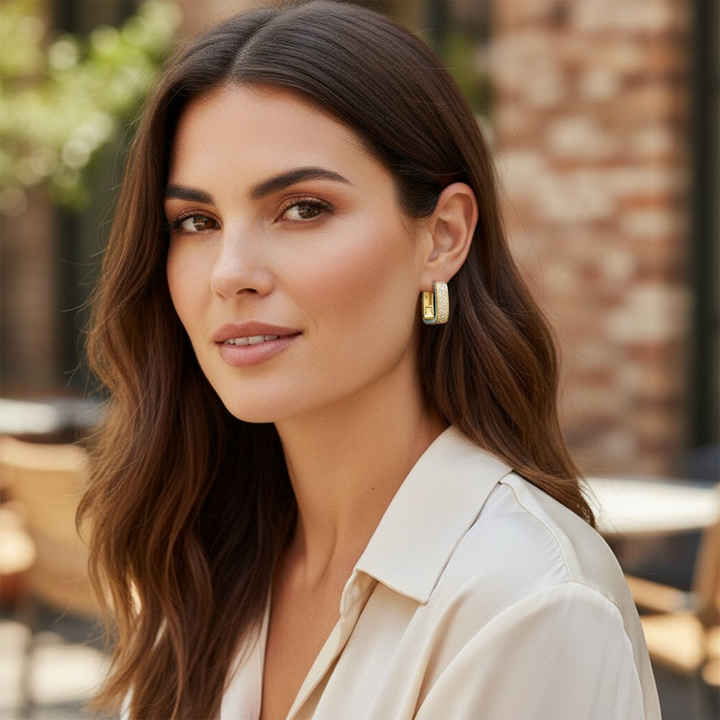 Perlizia gold-plated S925 sterling silver rectangular hoop earrings with turquoise enamel inlay and pavé-set moissanite.