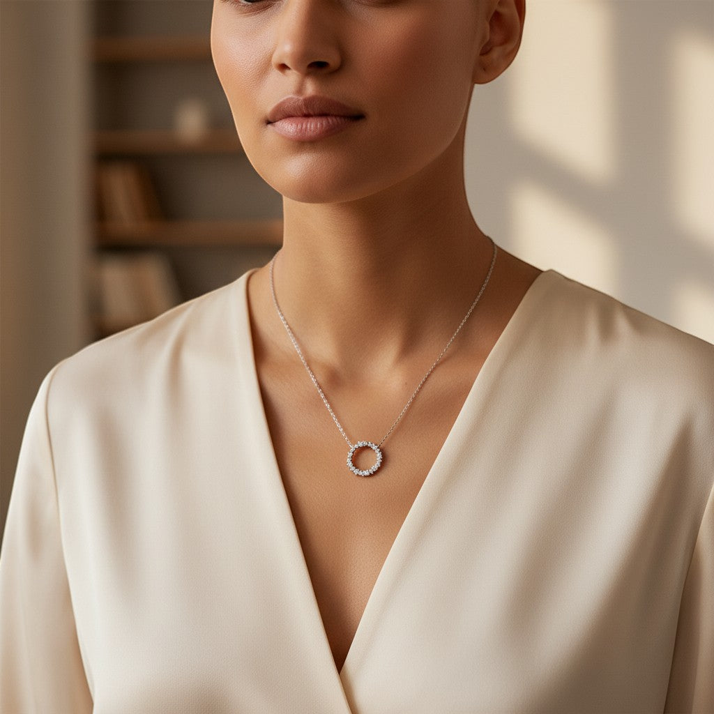 Perlizia platinum-plated S925 sterling silver necklace with a circle of moissanite stones. Delicate chain.