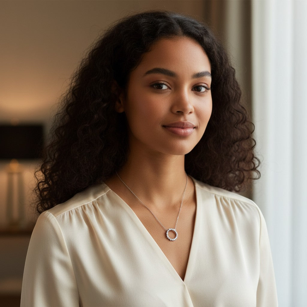 Perlizia platinum-plated sterling silver necklace with a circle of moissanite stones, symbolizing eternal life.