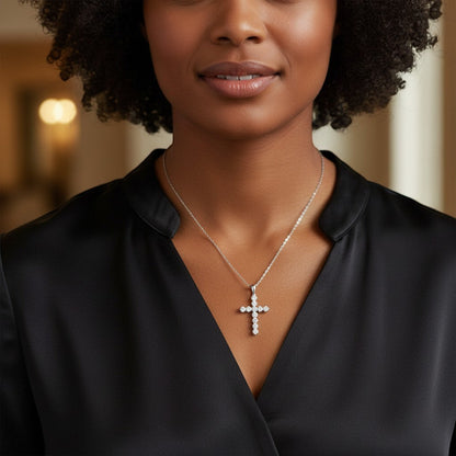 Perlizia silver cross pendant necklace with moissanite stones, platinum plated S925 sterling silver.