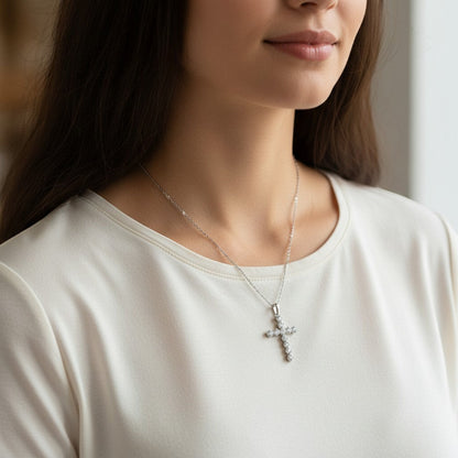 Perlizia platinum-plated S925 sterling silver cross pendant necklace with moissanite stones.