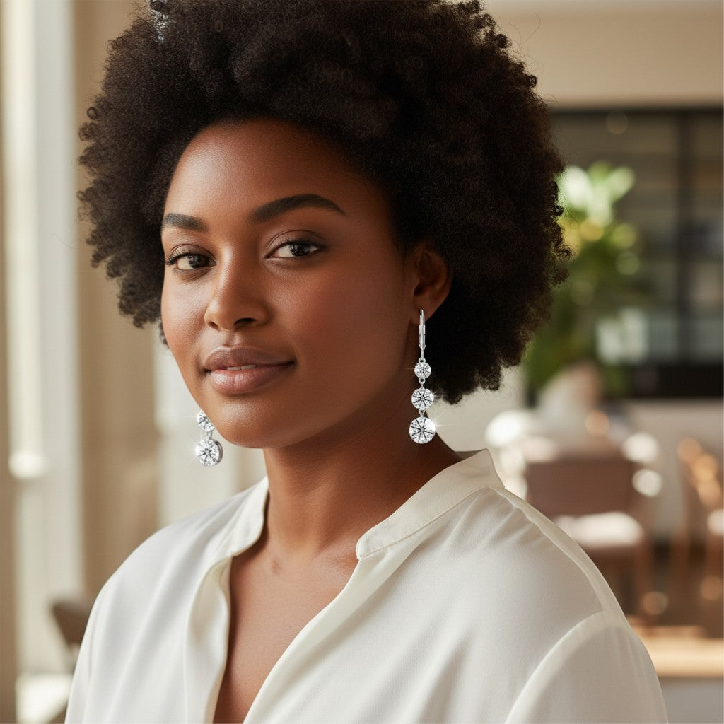 Perlizia platinum-plated S925 sterling silver drop earrings with three graduated moissanite stones.