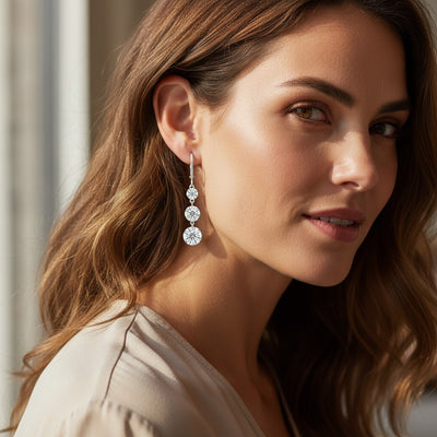 Perlizia platinum-plated S925 sterling silver drop earrings with three graduated moissanite stones.