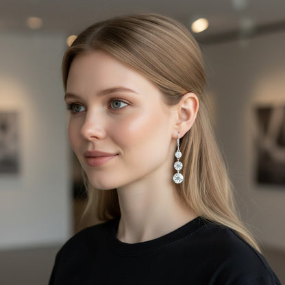 Perlizia platinum-plated S925 sterling silver drop earrings with three graduated moissanite stones.