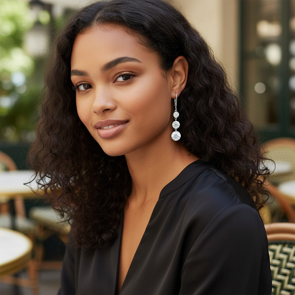 Perlizia platinum-plated S925 sterling silver drop earrings with three graduated moissanite stones.