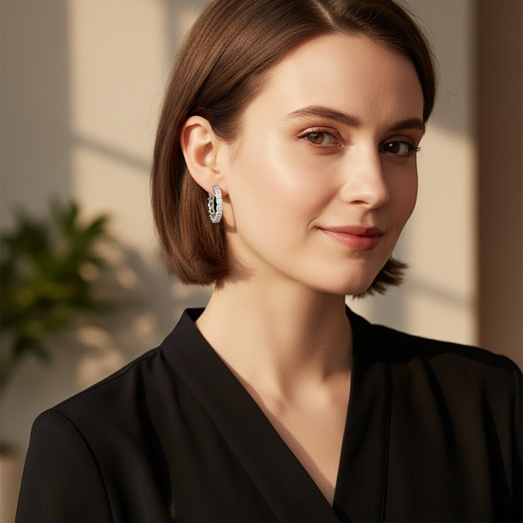 Perlizia platinum-plated S925 sterling silver hoop earrings with full eternity moissanite stones.