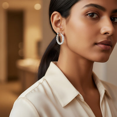 Perlizia platinum-plated S925 sterling silver hoop earrings with full eternity moissanite stones.