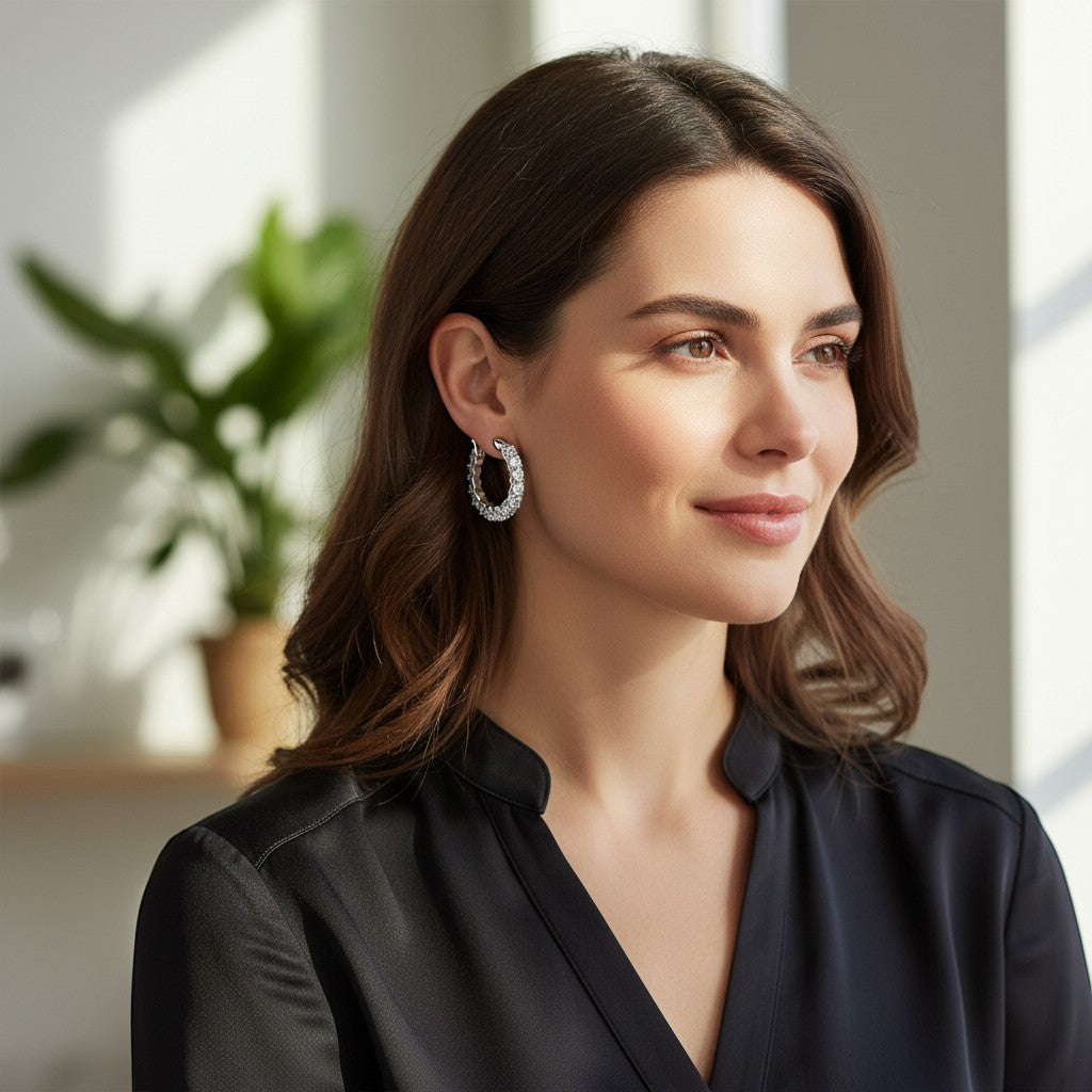 Perlizia platinum-plated S925 sterling silver hoop earrings with full eternity moissanite stones.