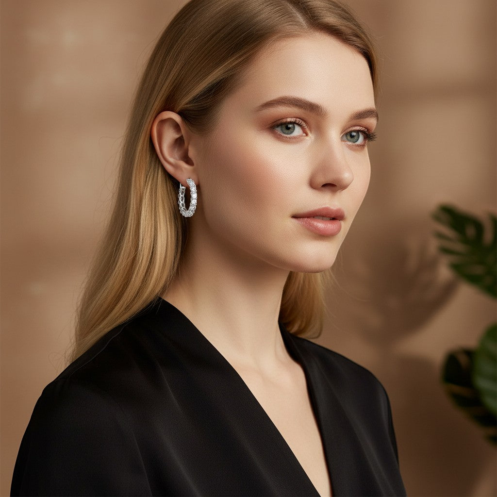 Perlizia platinum-plated S925 sterling silver hoop earrings with full eternity moissanite stones.